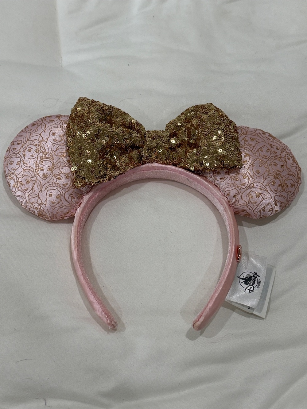 Disney Pink “Princesses” Minnie Ears Headband with Gold Sequin Bow